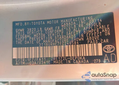 2015 Toyota Corolla L из США, поврежденный, VIN 2T1BURHE7FC248584